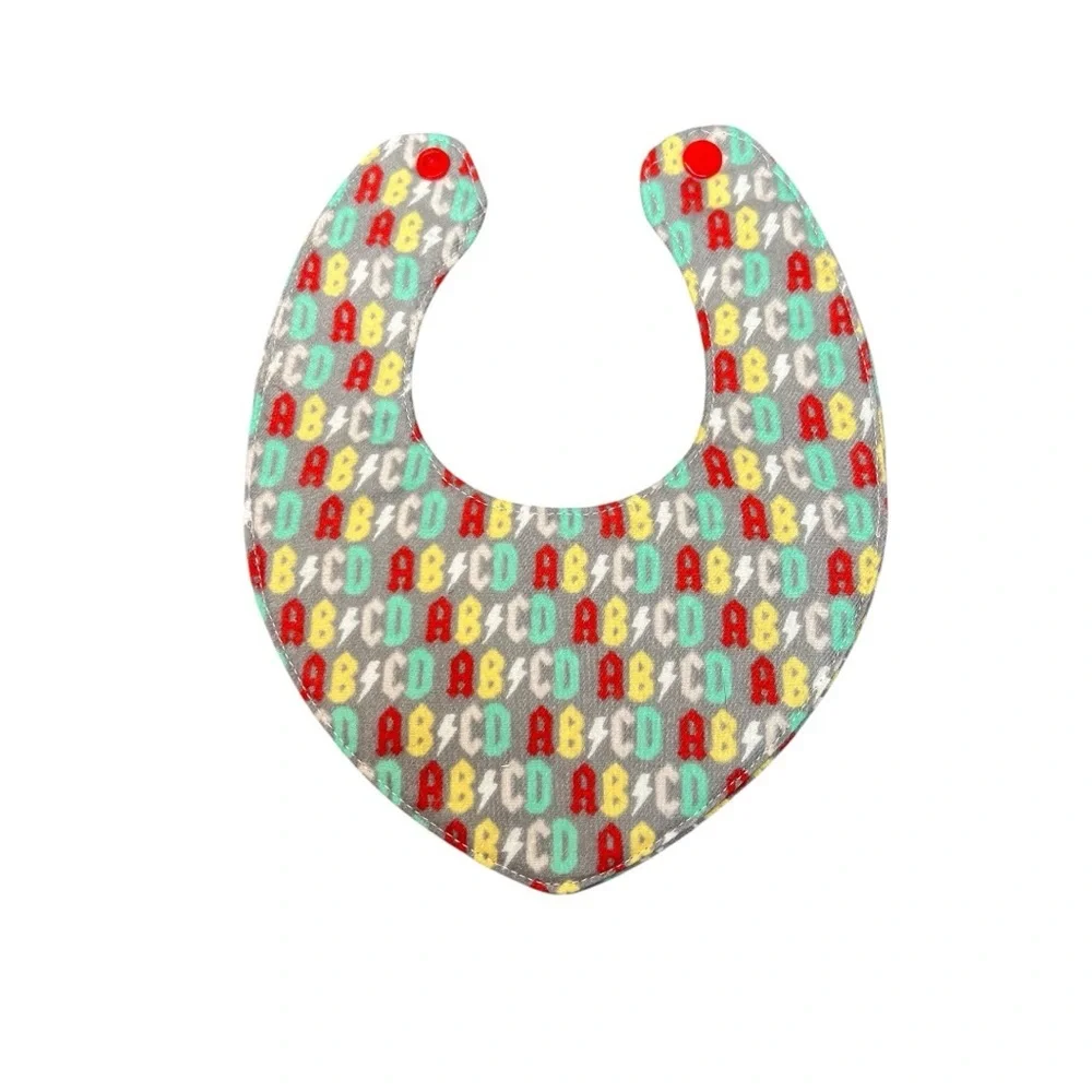 Hand Crafted Newborn Bandana Bib with snap closure ABCD red yellow blue letters